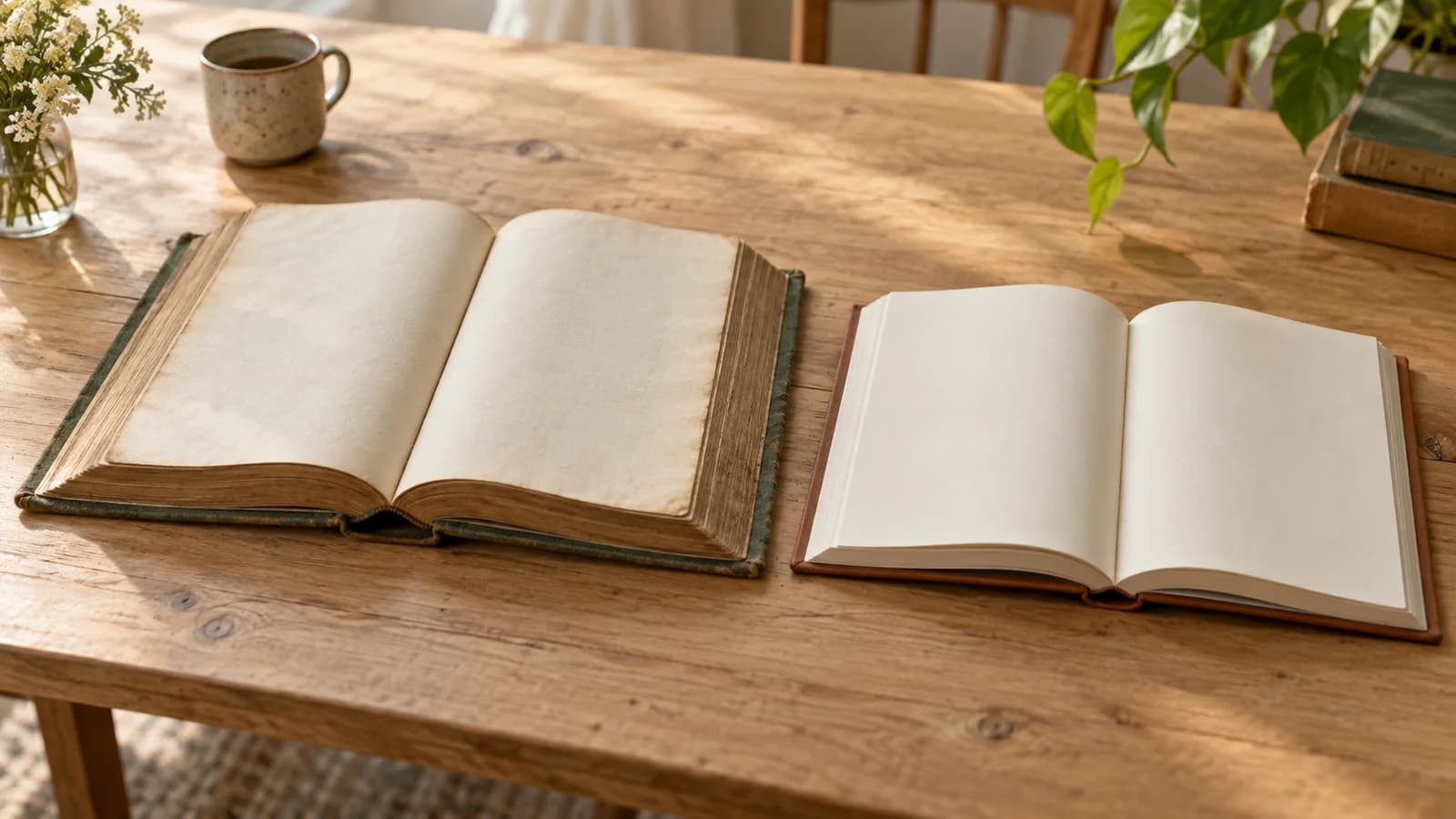 Deux livres ouverts côte à côte, aux pages sans inscription, sur une table en bois clair.