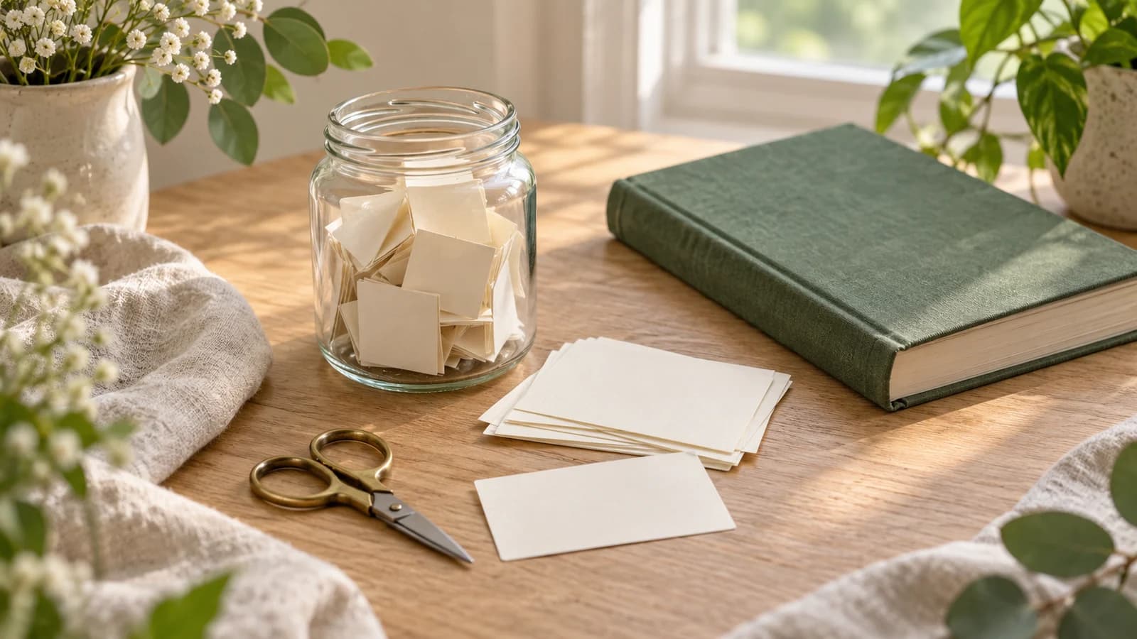 Bocal de papiers pliés, cartes vierges et livre fermé sur une table en bois clair.