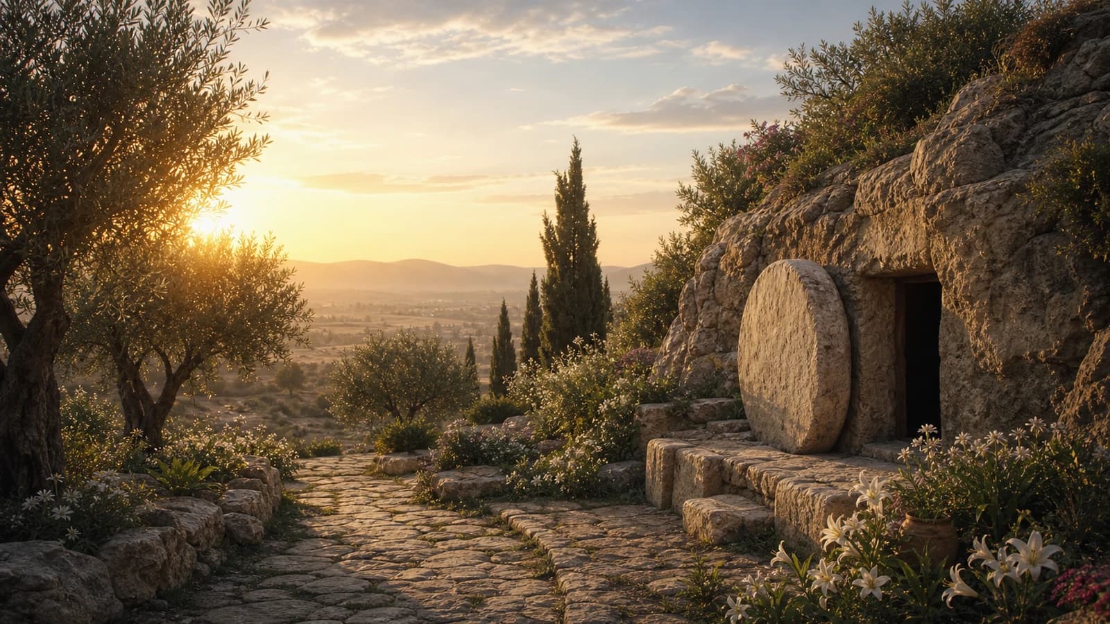 Chemin de pierre bordé d’oliviers et de fleurs près d’un tombeau ouvert, dans une lumière douce.