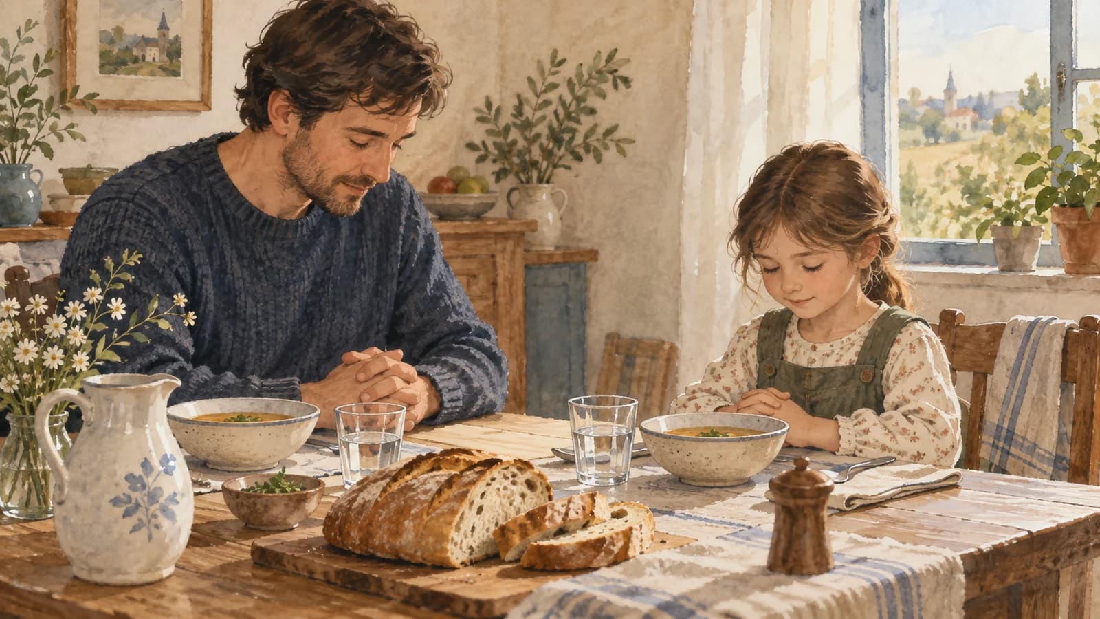 Illustration à l’aquarelle d’un adulte et d’un enfant qui inclinent la tête avant le repas, devant du pain, des bols de soupe et des verres d’eau.