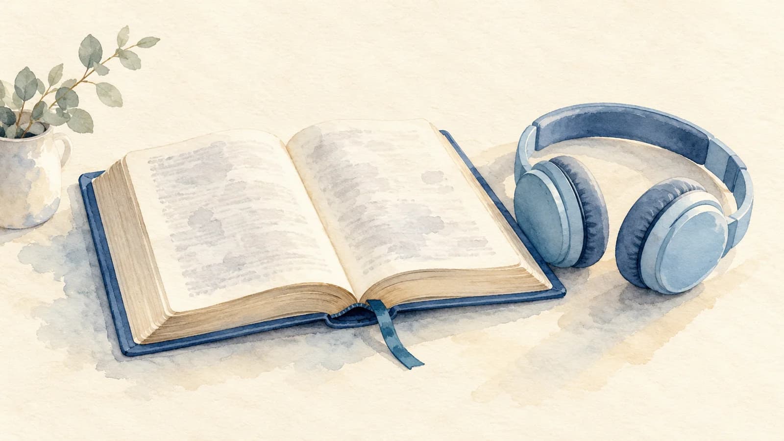 Aquarelle d’une Bible ouverte à couverture bleue et d’un casque audio sur une table claire.