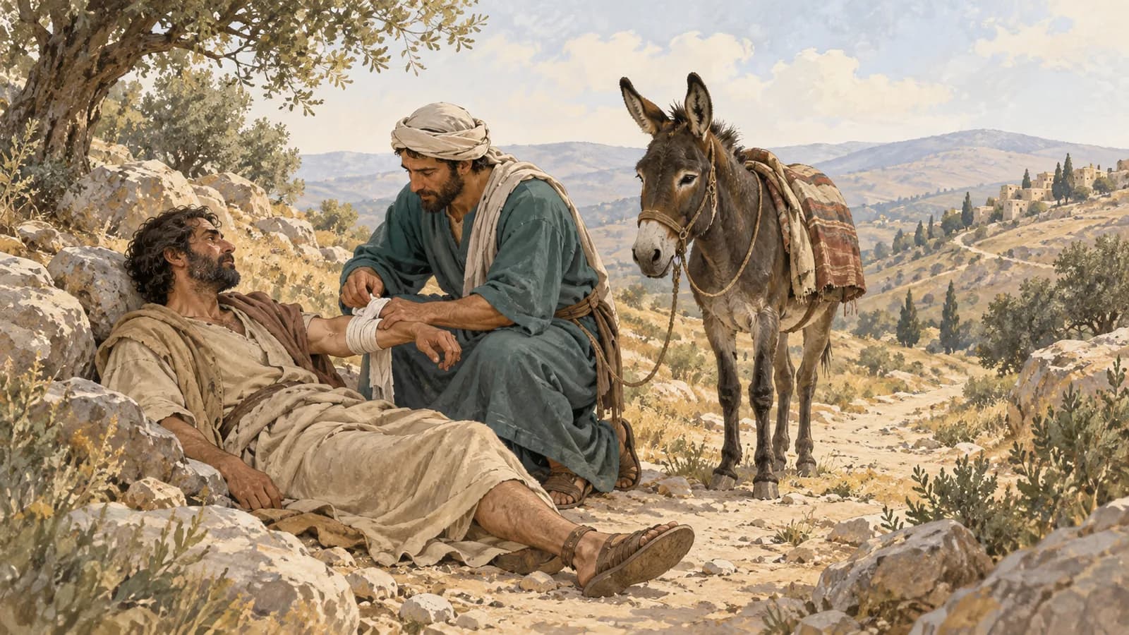 Illustration d’un voyageur agenouillé qui bande le bras d’un homme blessé, auprès d’un âne sur un chemin rocheux.
