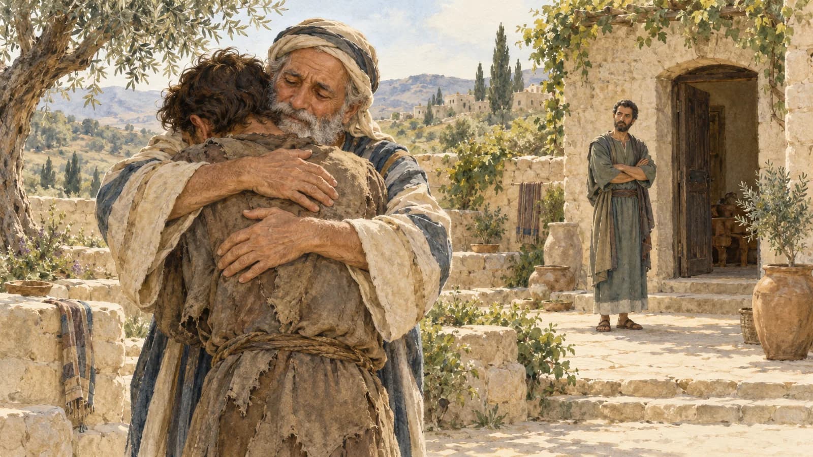 Illustration à l’aquarelle d’un père accueillant son fils cadet, tandis que le frère aîné reste à distance près d’une maison de pierre.