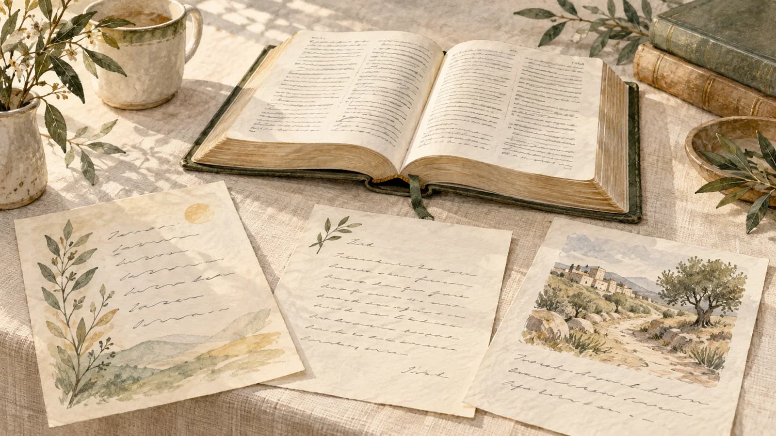 Illustration à l’aquarelle d’un livre ouvert entouré de feuillets évoquant un poème, une lettre et un récit dessiné.