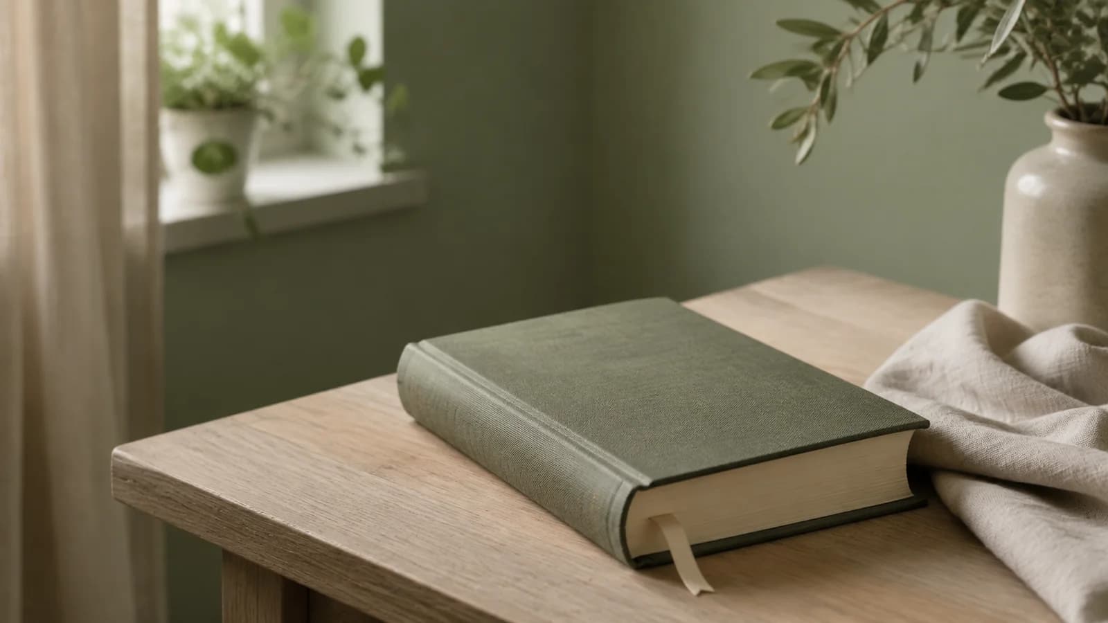 Bible fermée avec un marque-page en lin sur une table près d’une fenêtre.