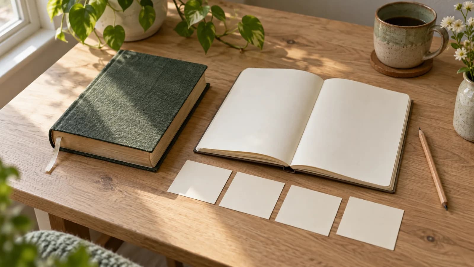Livre fermé à couverture verte, carnet ouvert et quatre fiches vierges sur une table en bois près d’une fenêtre.