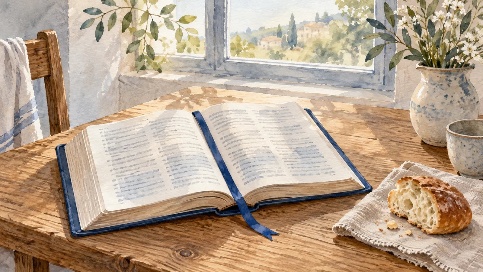 Aquarelle d’une Bible ouverte à couverture bleue et d’un morceau de pain sur du lin, près d’une fenêtre éclairée par le jour.