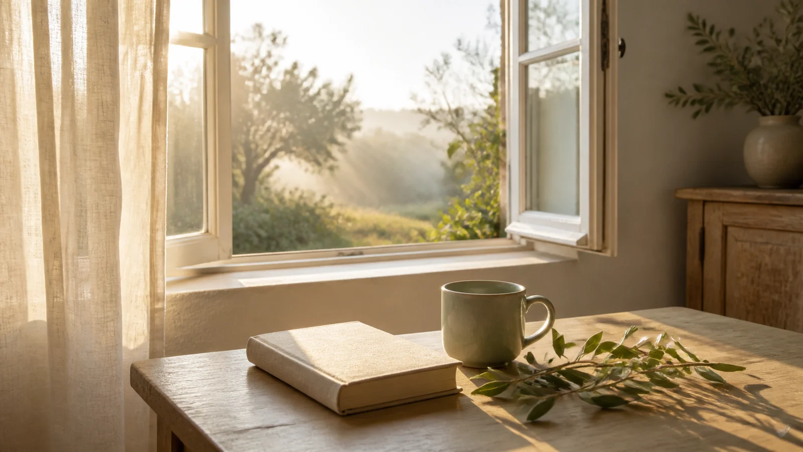 Lumière du matin sur un livre fermé, une tasse et une branche d’olivier près d’une fenêtre.