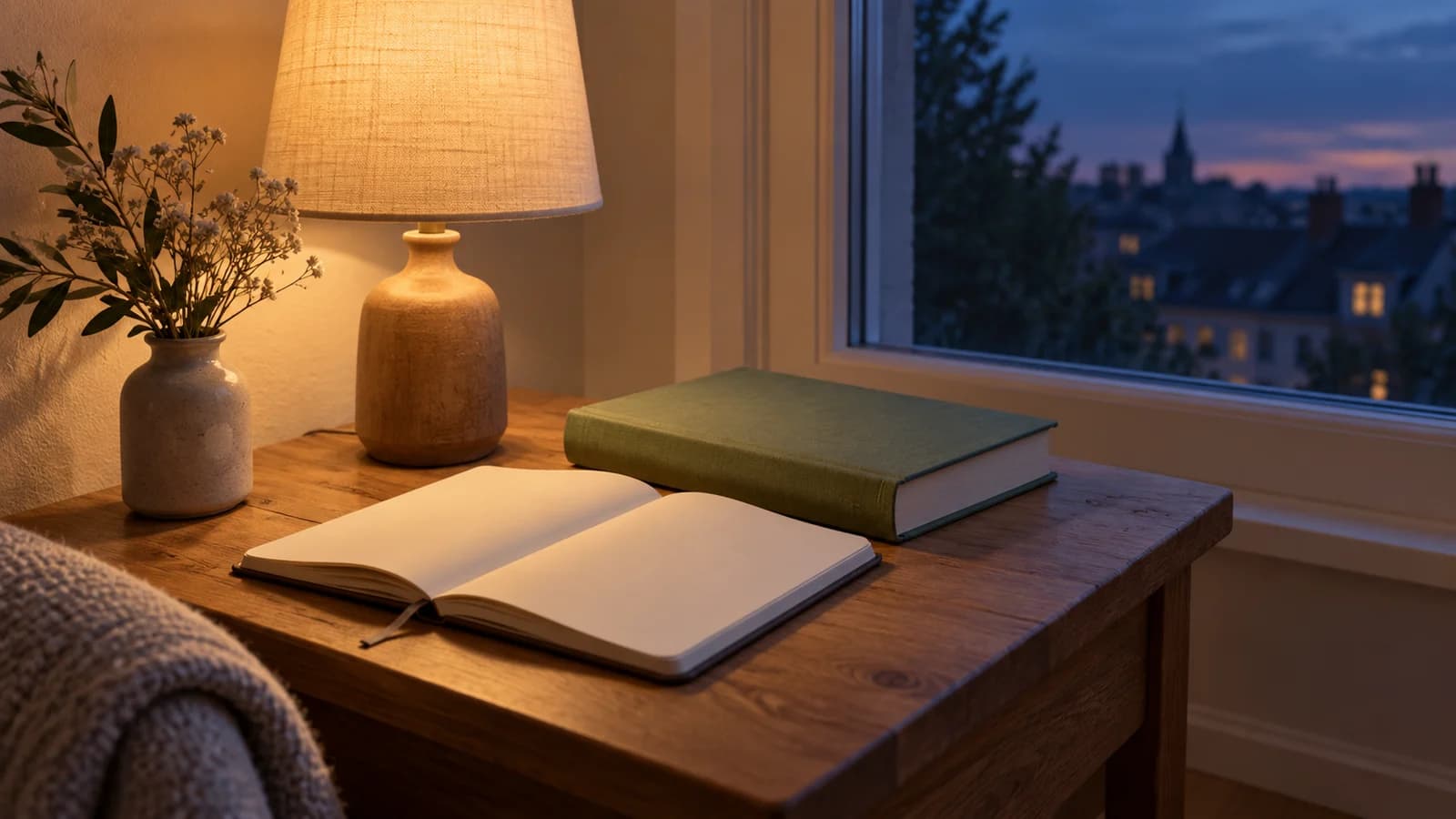 Livre fermé et carnet sans inscription sur une table, éclairés par une lampe au crépuscule.
