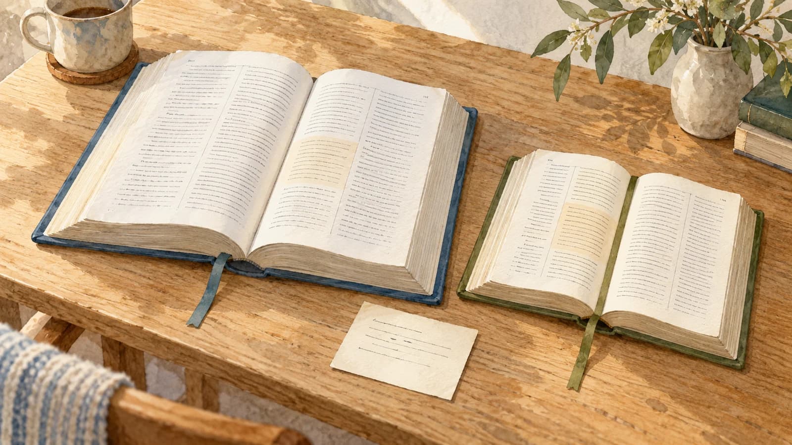 Aquarelle de deux livres ouverts sur une table en bois, avec des couvertures bleue et olive et des rubans marquant les pages à comparer.